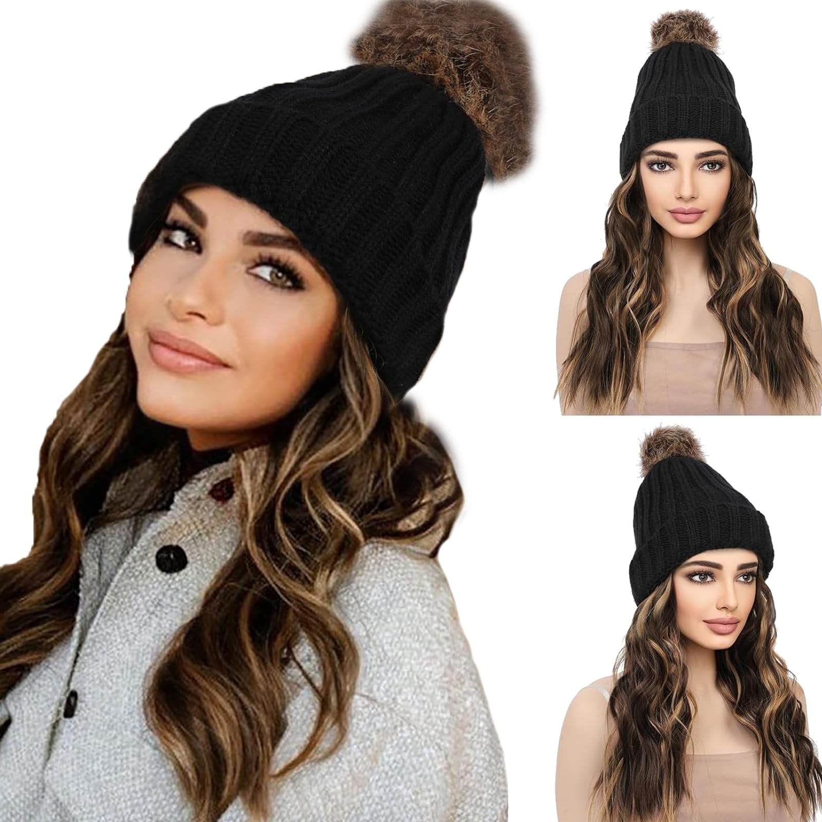 WUODHTW Beanie Hat Wig Winter Warm Knitted Black Beanie Hat with